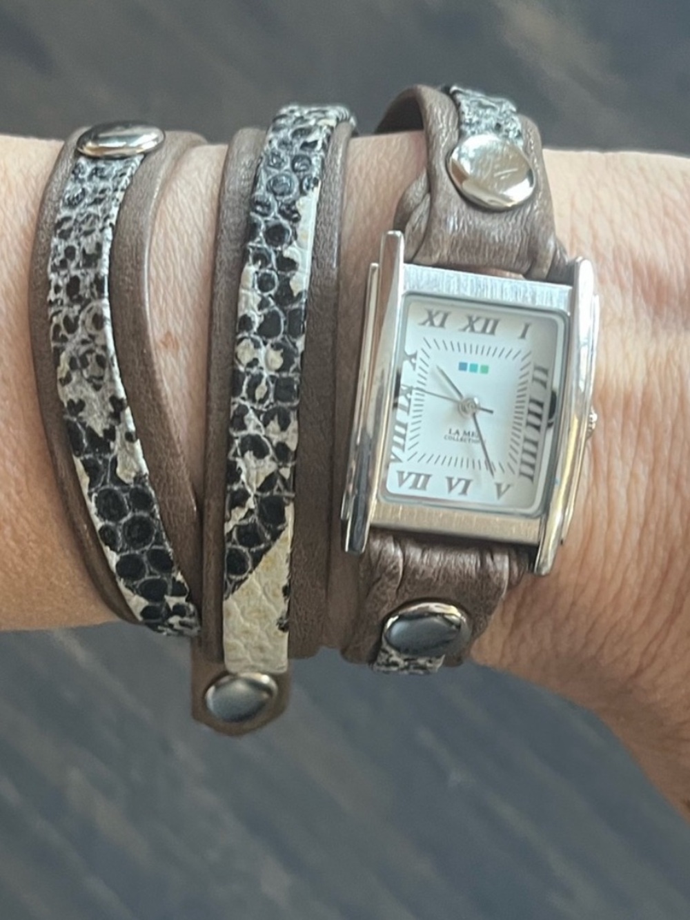 La Mer Grey and Black Snake-Print Leather Wrap Strap Watch EUC